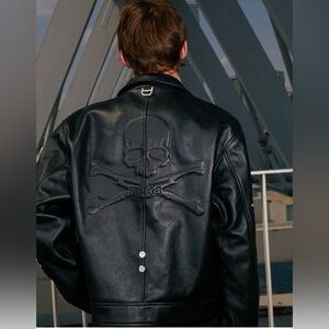 Mastermind Japan Men’s Skeleton Logo Leather Biker Jacket Crossbody Zipper Sz S